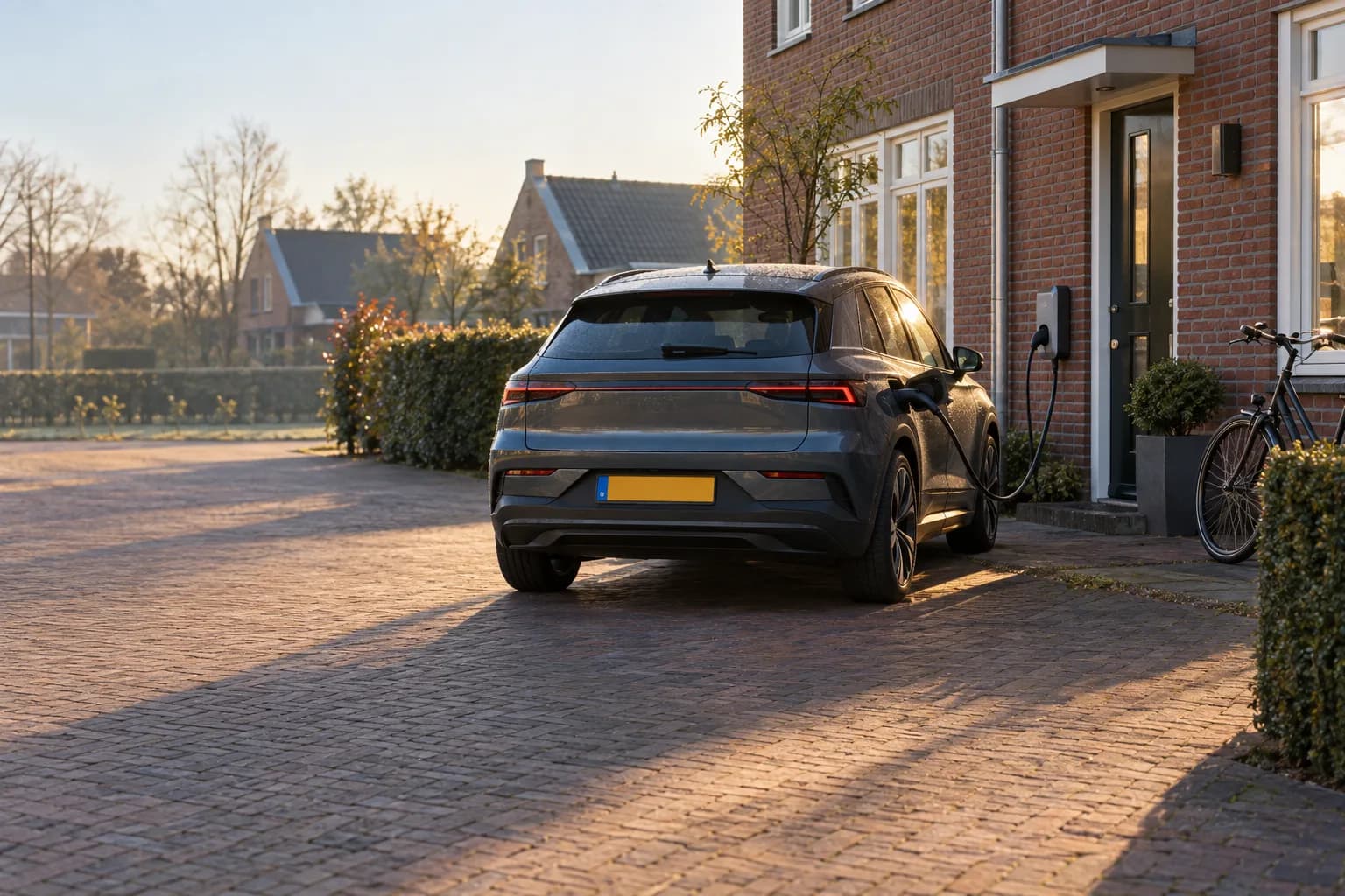 Elektrische auto op een Nederlandse oprit in het vroege ochtendlicht, aangesloten op een laadpunt aan de gevel