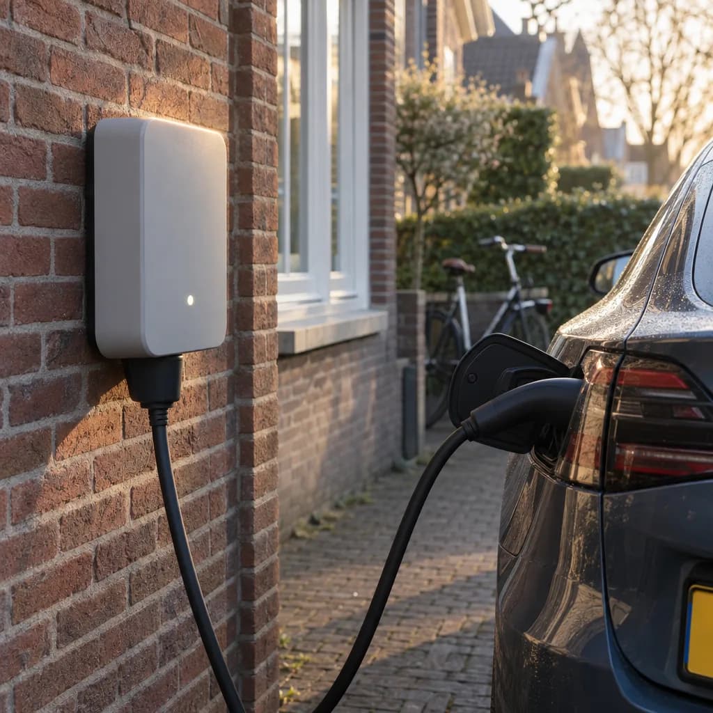 Laadpunt aan de gevel met de laadkabel aangesloten op de auto