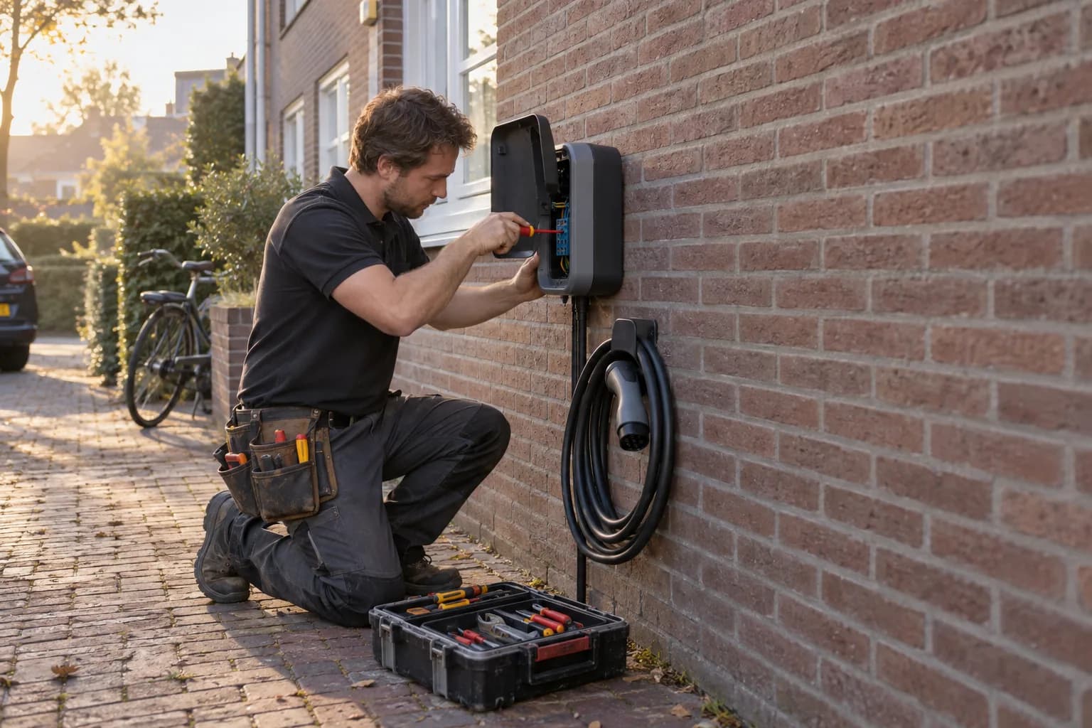 Elektricien sluit een laadpunt aan bij een woning in de vroege ochtend